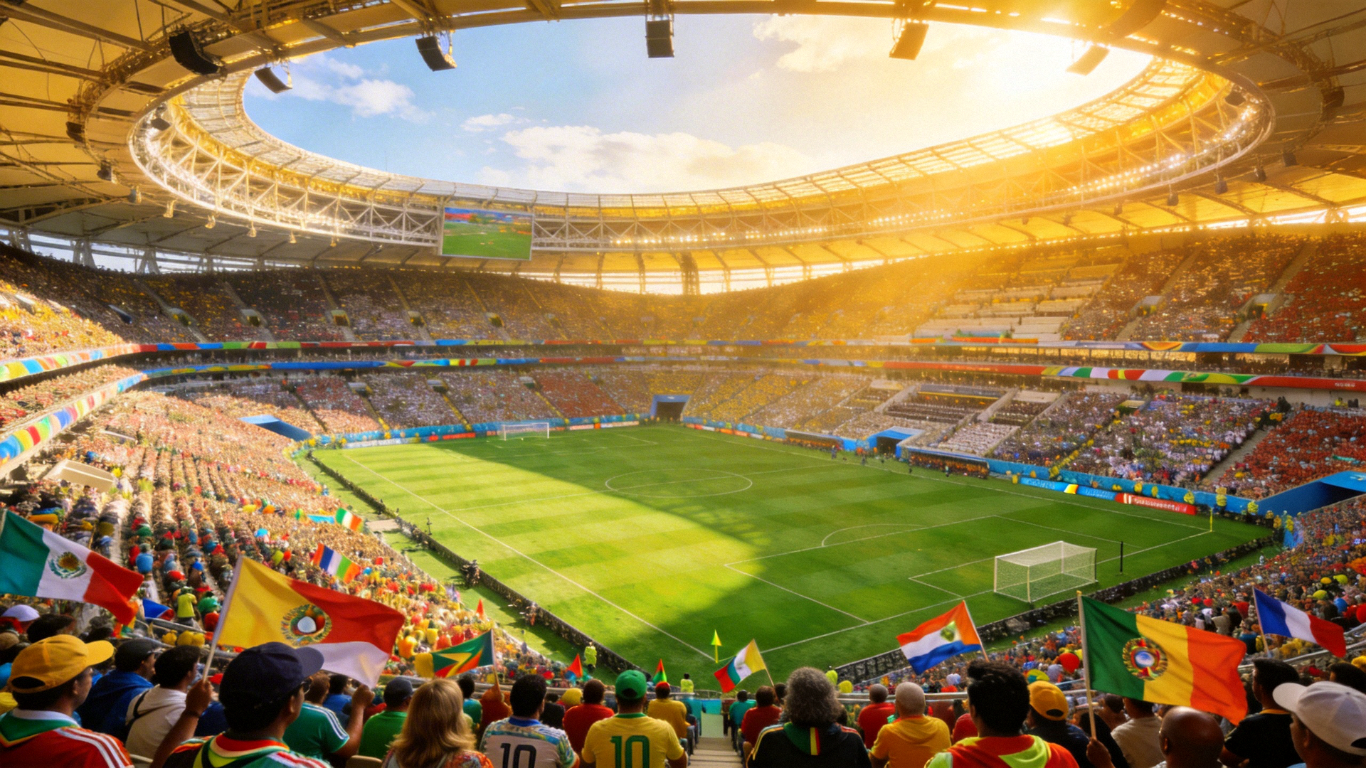 世界杯主体育场全景，绿茵场与观众席座无虚席的壮观场景